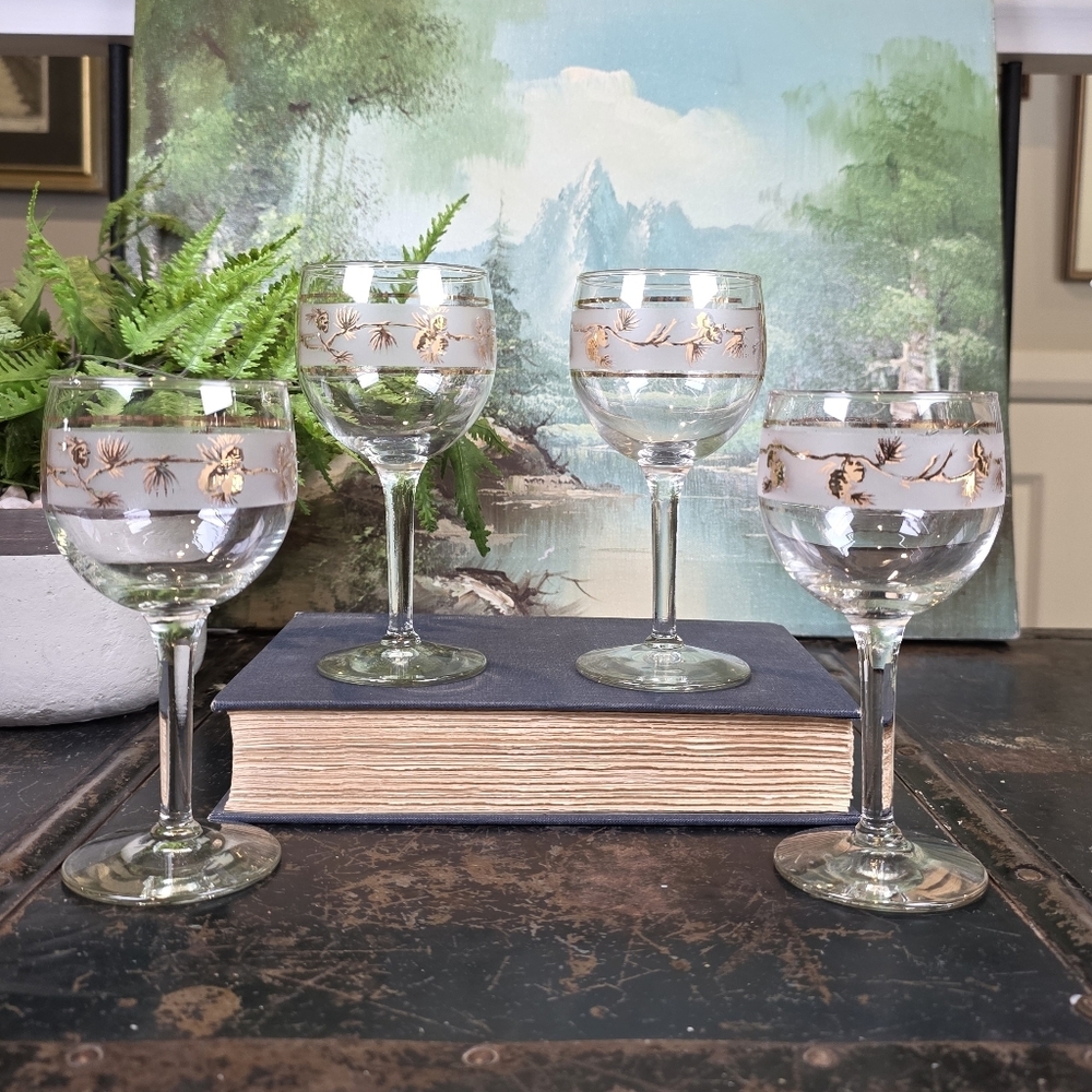 Vintage Frosted Gold Pinecone Glasses Set of 4 Mid Century Cordial/Wine Glasses